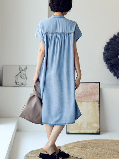 Plus Size Women Summer Casual Solid Blue Denim Dress HH030