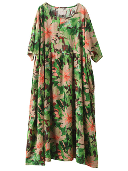 Women Summer Vintage Flower Linen Loose Dress FD043