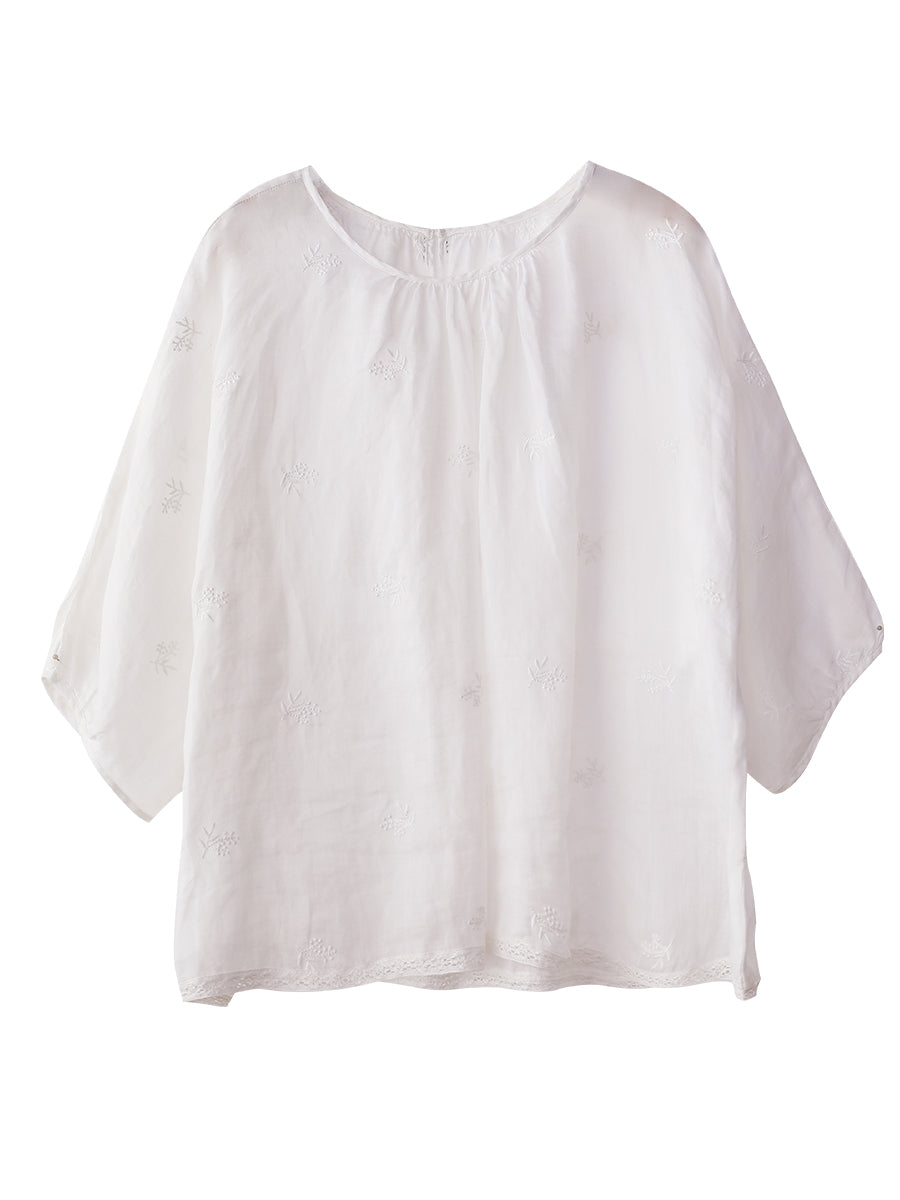 Plus Size Women Summer Embroidery Thin Ramie Shirt XX1030
