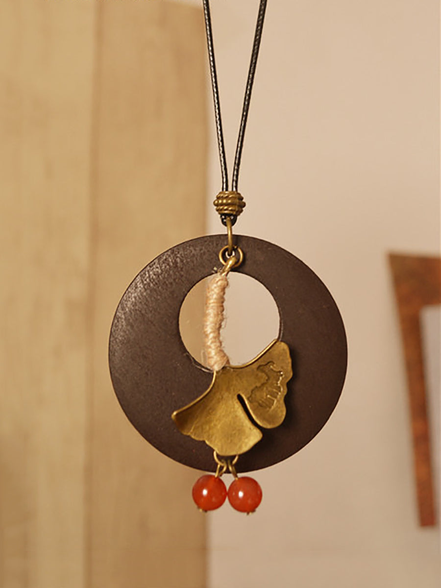 Women Alloy Leaf Round Wooden Sweater Necklace KL1042