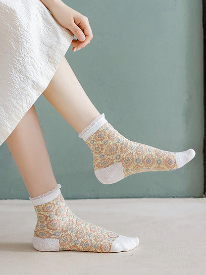 5 Pairs Women Flower Jacquard Lace Socks AS1010