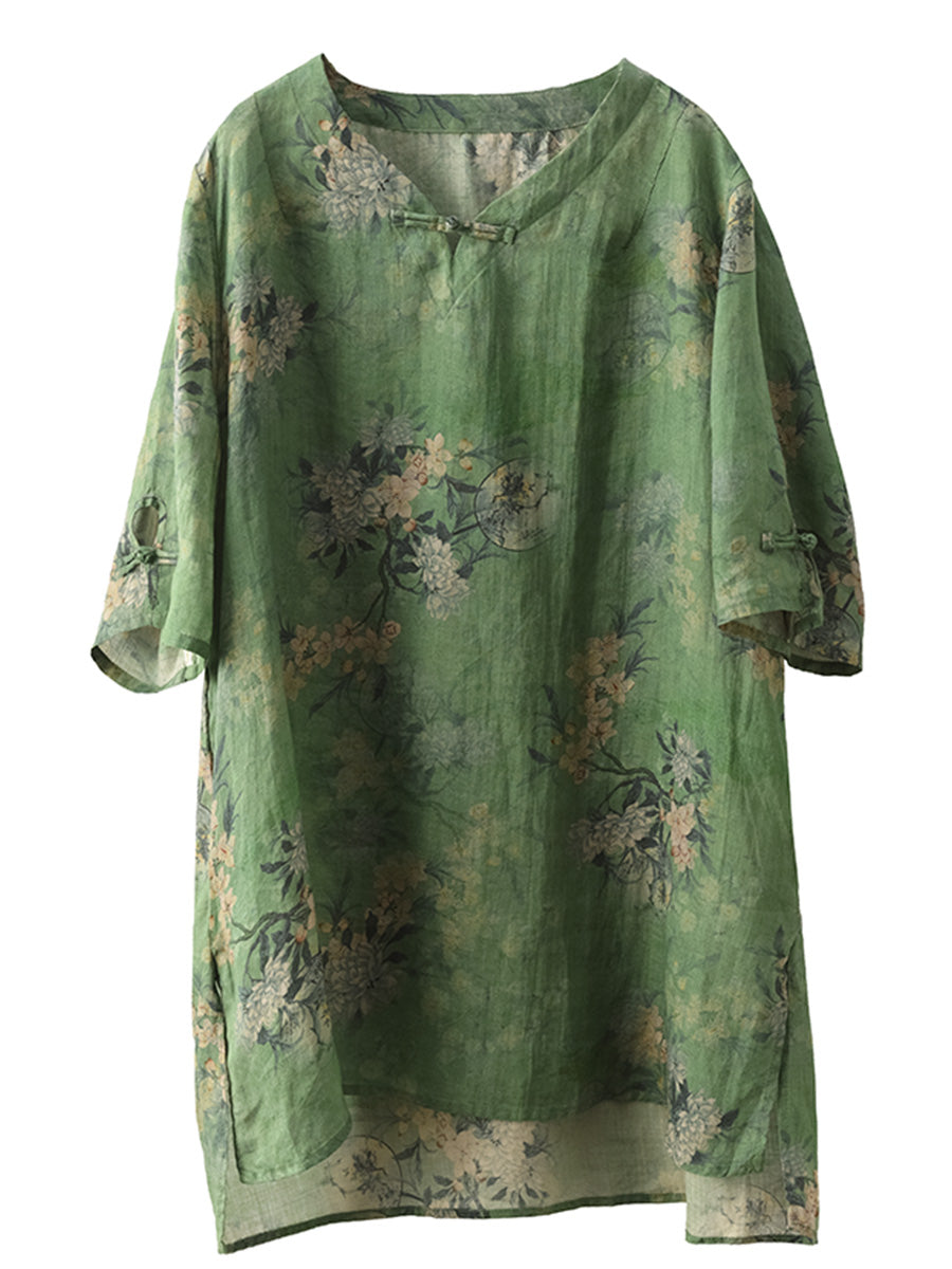 Chemise longue d'été vintage en ramie avec boucle à fleurs pour femme LL039