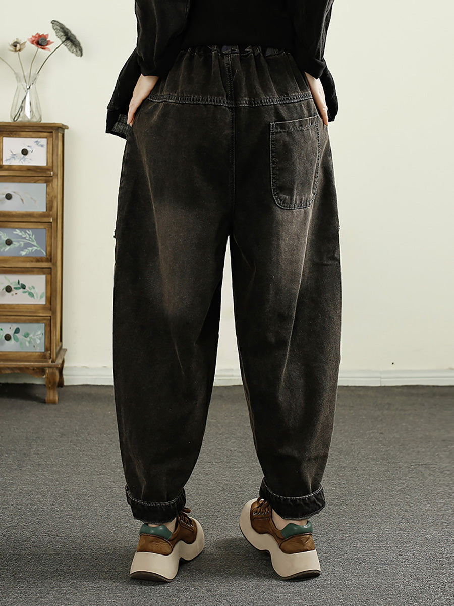 Women Autumn Patch Spliced Washed Denim Harem Pants AI1052