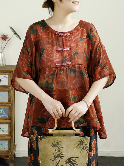 Women Summer Ethnic Flower Buckle O-Neck Ramie Shirt CX055