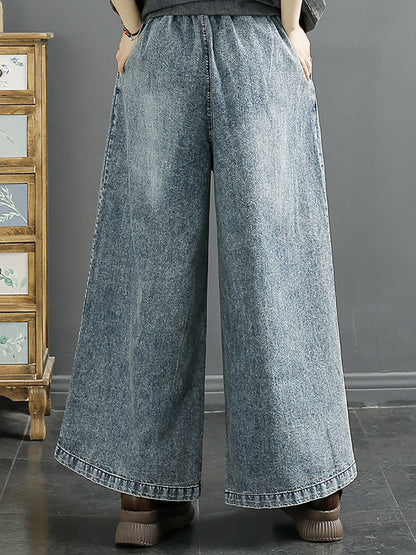 Women Summer Vintage Embroidery Denim Wide-leg Pants AA1039