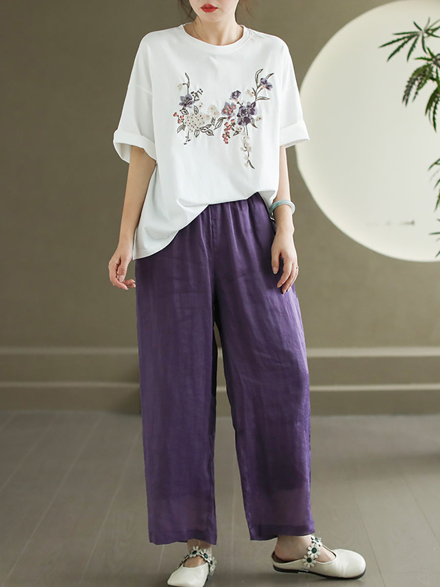 Women Summer Flower Embroidery Cotton O-Neck Shirt AS1007