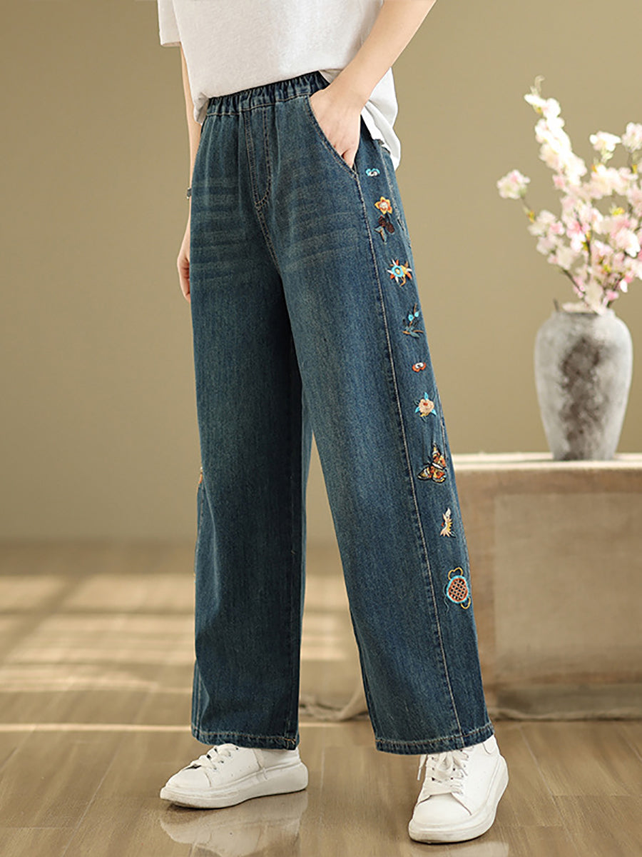 Hosen Stickerei Damen Weites Bein Retro Denim 