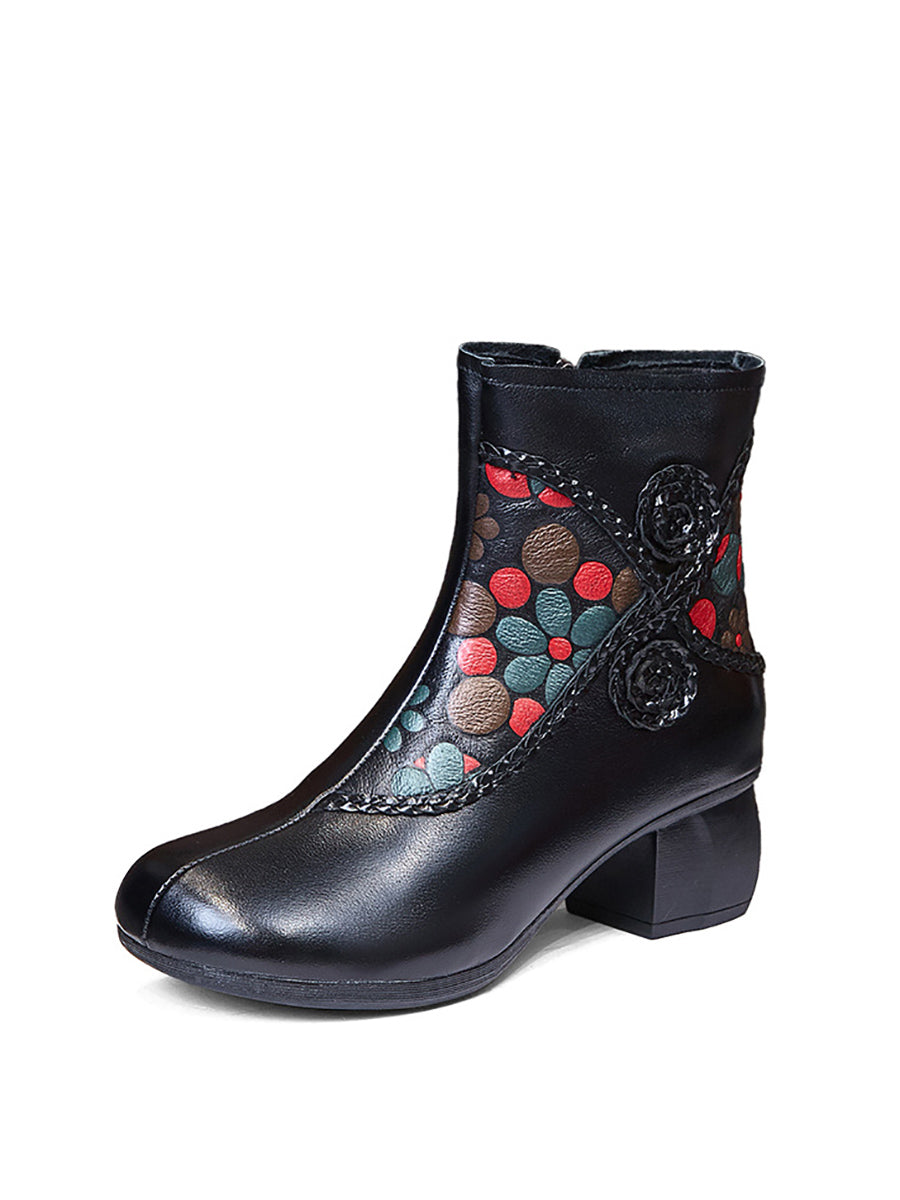 Women Ethnic Winter Flower Spliced Leather Mid-Heel Boots AI1013