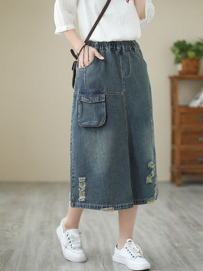 Women Summer Flower Embroidery Frayed Denim Skirt AS1041