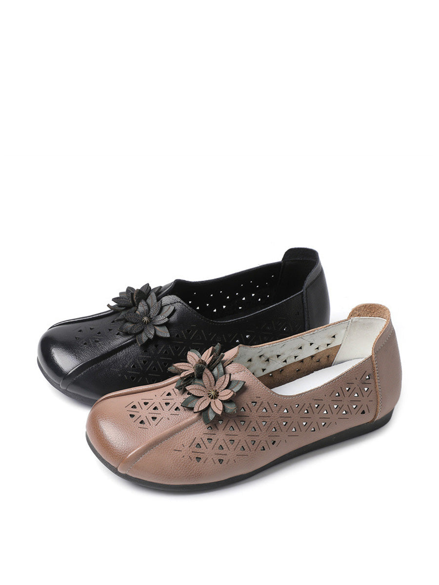 Women Vintage Leather Flower Cutout Flat Shoes KL1034