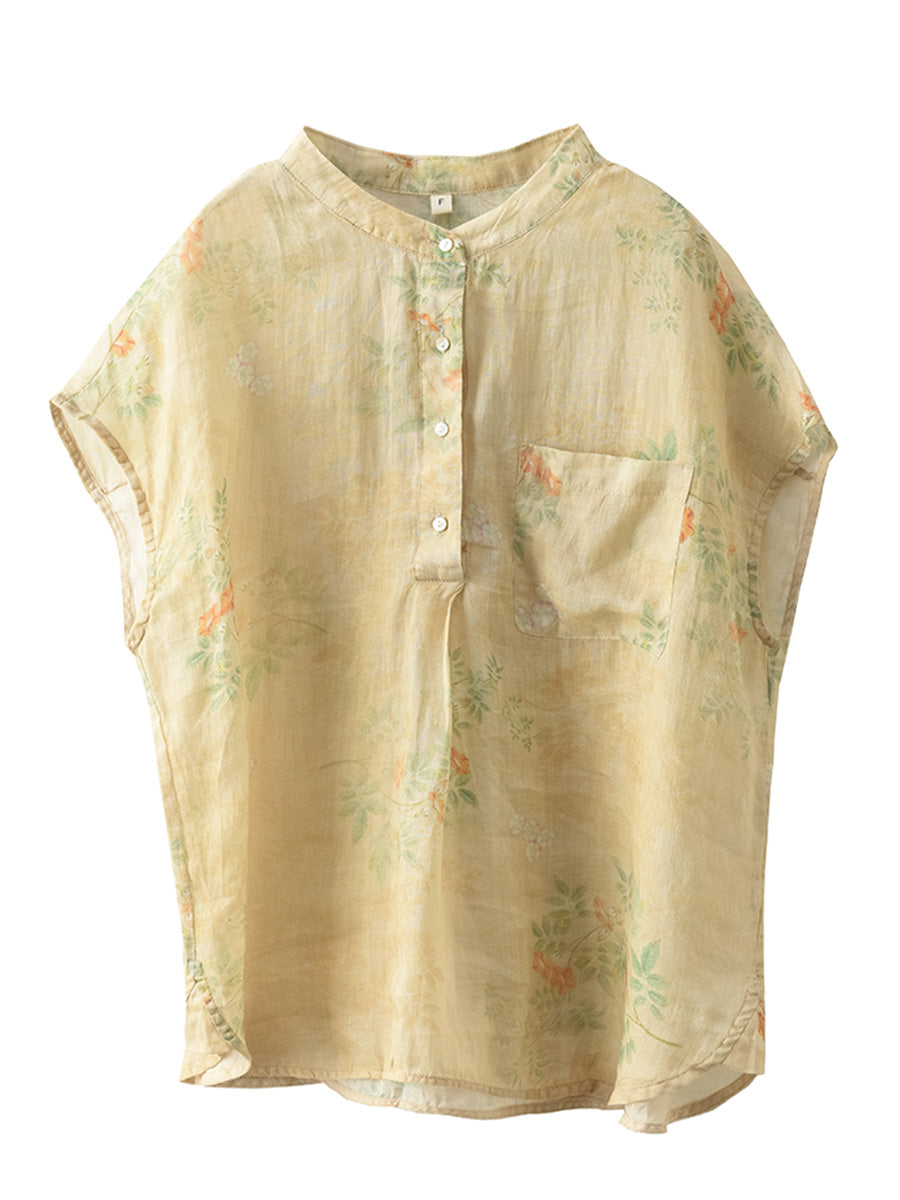 Damen Sommer Vintage Ramie Print Button-up Ramie Shirt OP1041