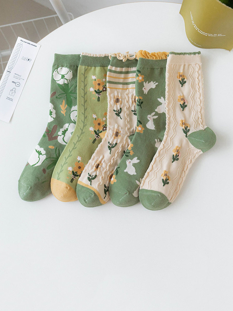 5 Paar Damen Artsy Flower Grüne Wadensocken IO1011