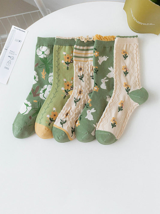 5 Pairs Women Artsy Flower Green Mid-Calf Socks IO1011