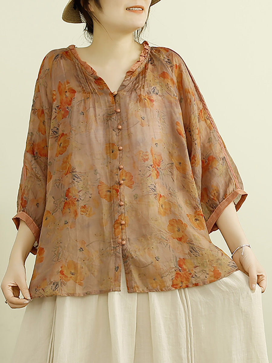 Chemise d'été boutonnée à imprimé floral vintage pour femme PP1012