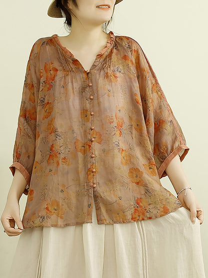 Women Summer Vintage Floral Button-up Ramie Shirt PP1012