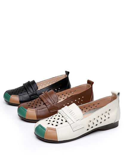 Women Summer Leather Colorblock Cutout Flat Shoes UI1030