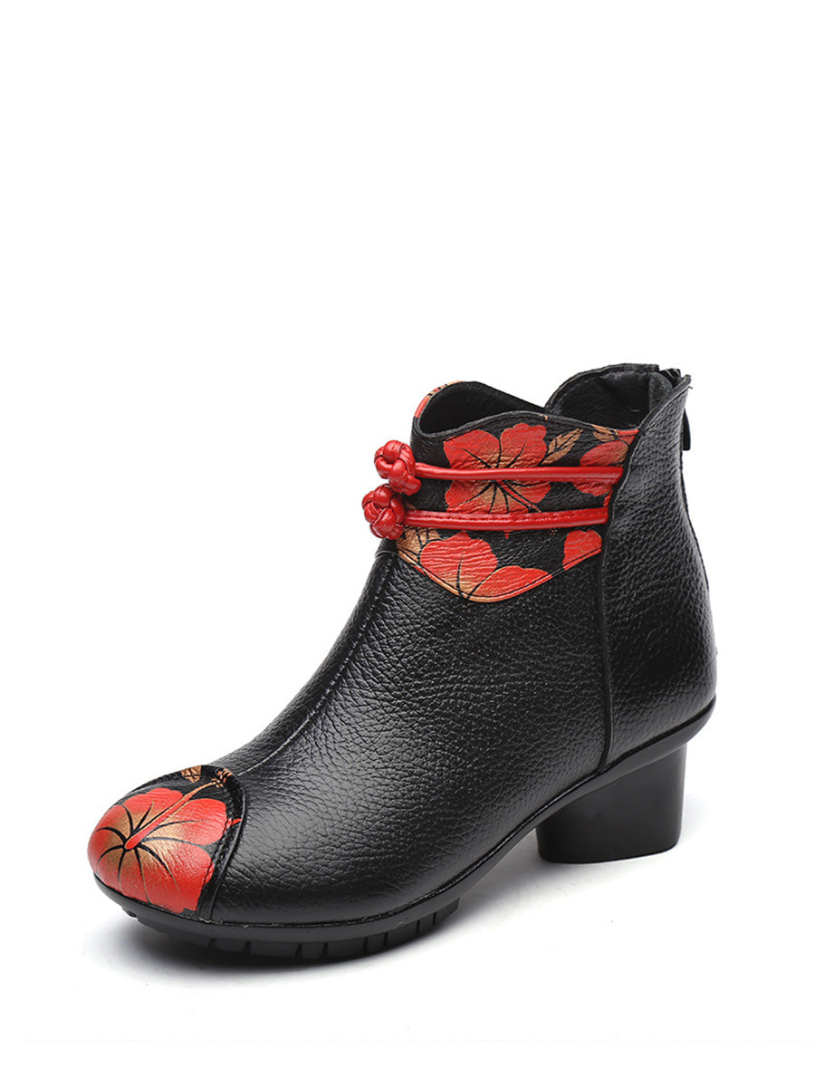 Women Retro Genuine Leather Flower Spliced Chunky Heel Boots AI1010