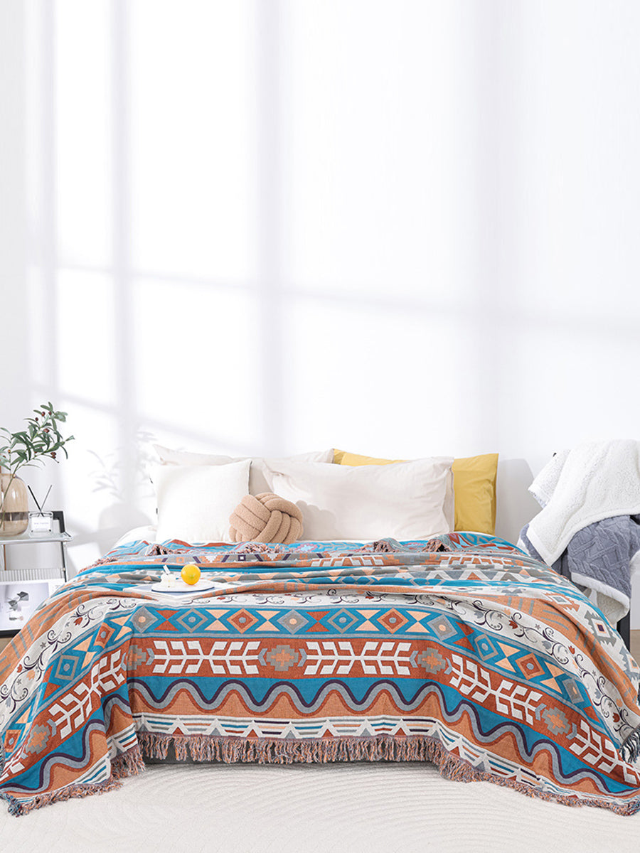 Cotton Summer Nap Ethnic Jacquard Tassel Spliced Blanket AS1033