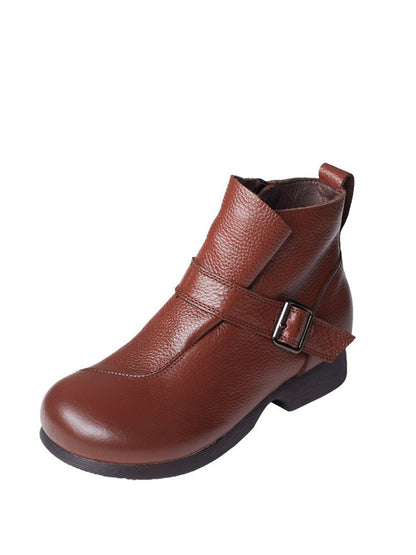 Women Vintage Autumn Soft Leather Buckle Low Heel Boots BA1053