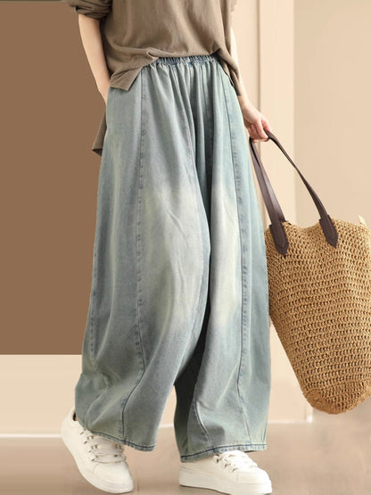 Women Vintage Washed Spliced Denim Wide-leg Pants QW1007