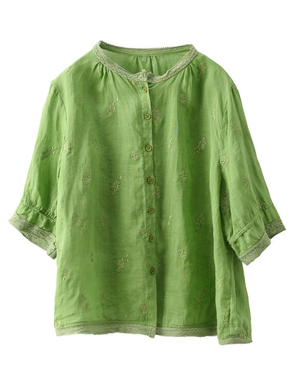 Women Summer Vintage Embroidery Button-up Ramie Shirt CX007