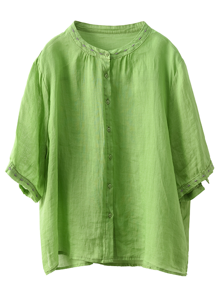 Damen Sommer O-Ausschnitt Stickerei Button-up Ramie Shirt PP1035