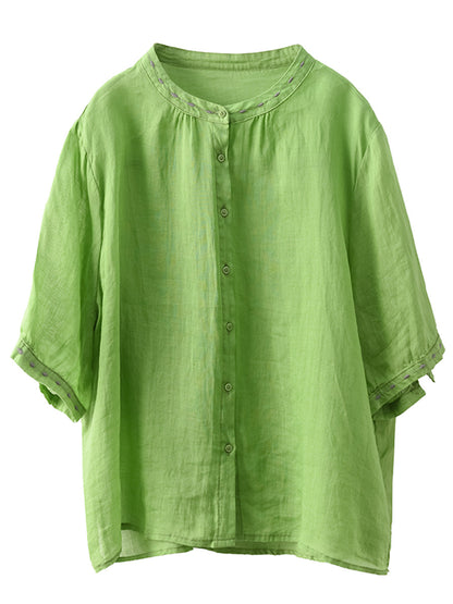 Women Summer O-Neck Embroidery Button-up Ramie Shirt PP1035