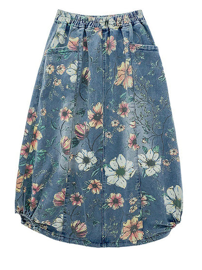 Women Summer Casual Flower Spliced Denim Skirt XX1027