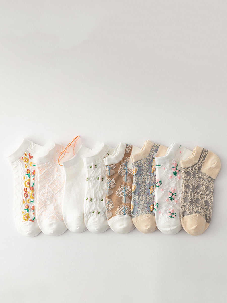 Lot de 4 paires de chaussettes d'été en jacquard à fleurs artistiques pour femmes AS1009