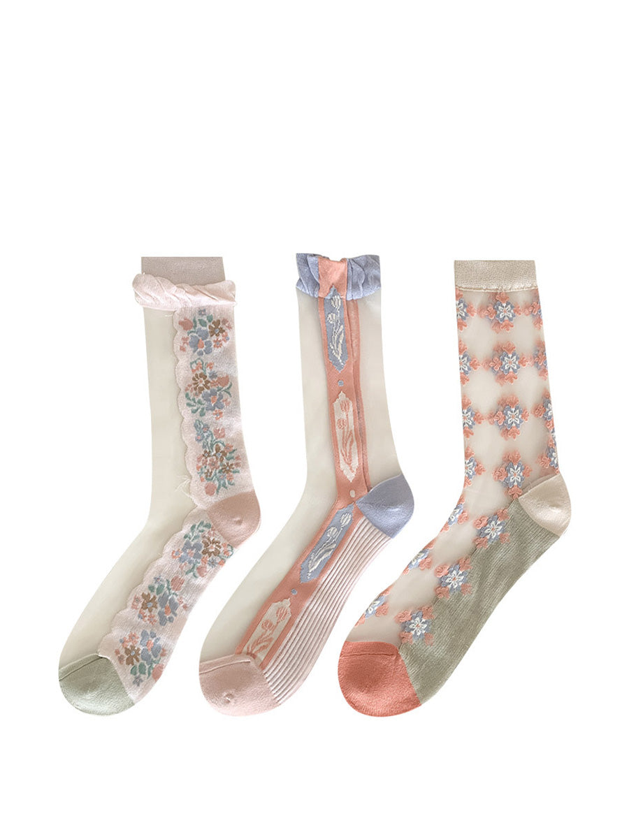 3 Paar lange Jacquard-Socken mit Blumenmuster für Damen FD029