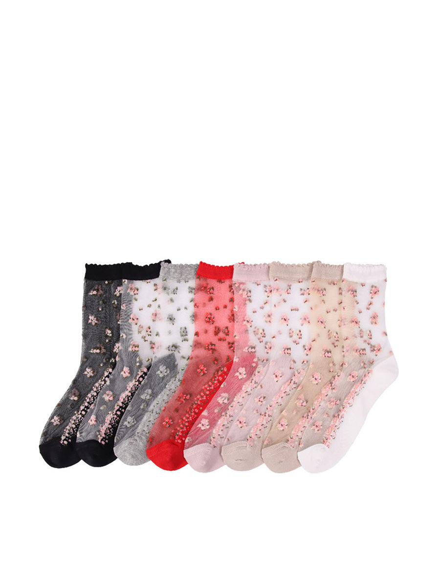 Lot de 8 paires de chaussettes fines en jacquard floral pour femme LL007