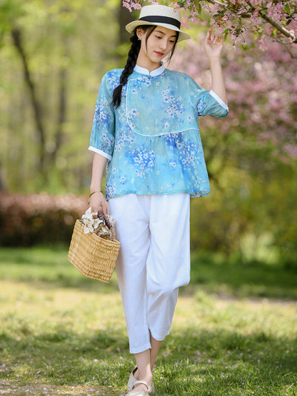 Women Summer Ethnic Floral Spliced Ramie Shirt OO1010