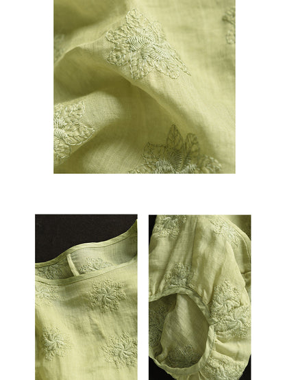 Women Summer Vintage Flower Embroidery Ramie Shirt PP1029