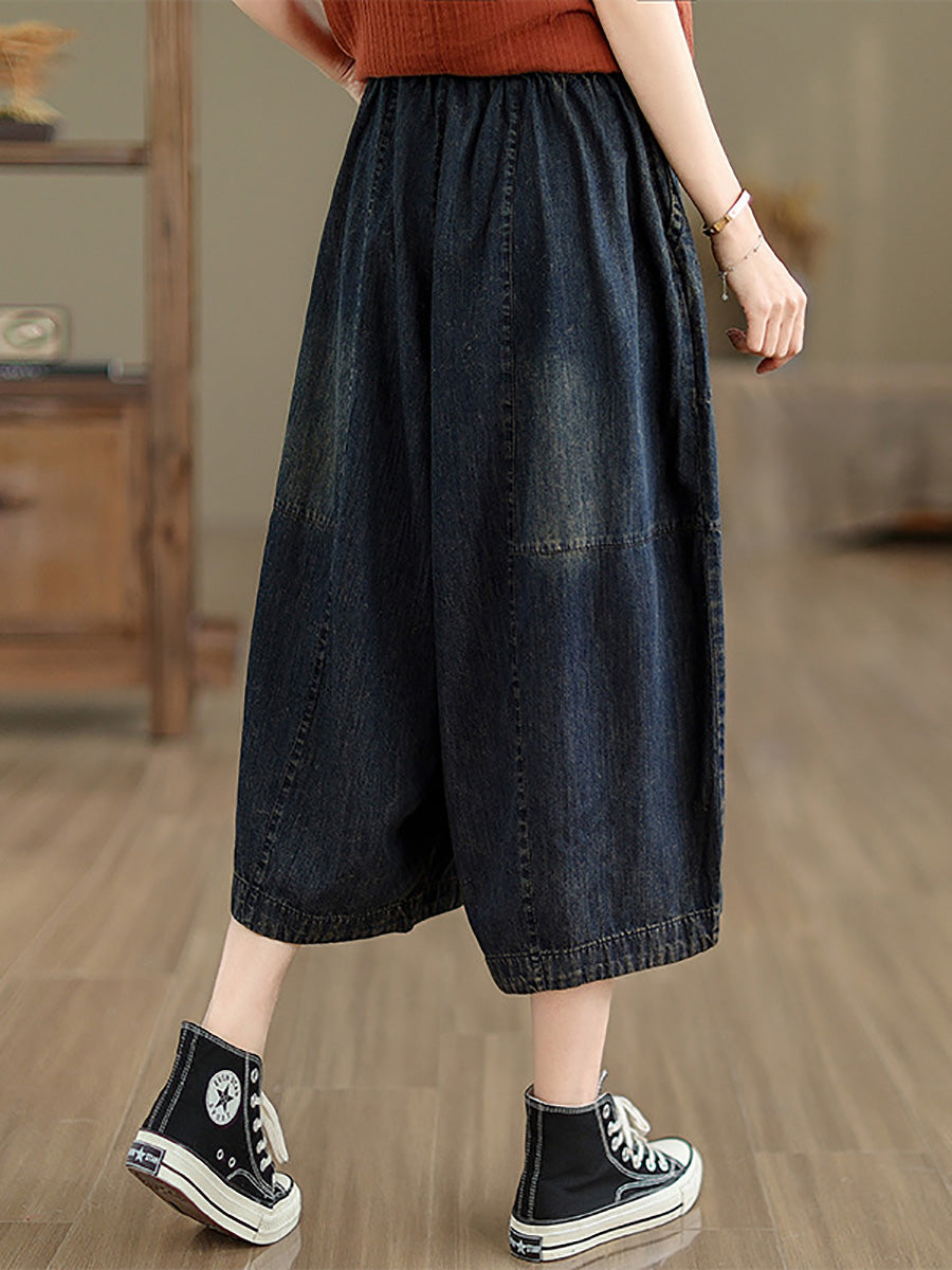 Women Summer Casual Solid Denim Spliced Wide-leg Pants PP1002