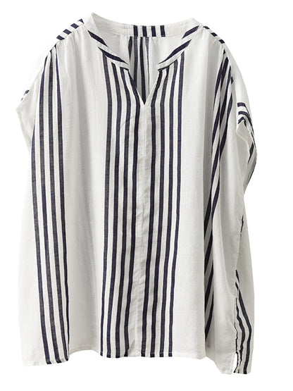 Women Summer Artsy Stripe V-Neck Thin Linen Shirt CV1053