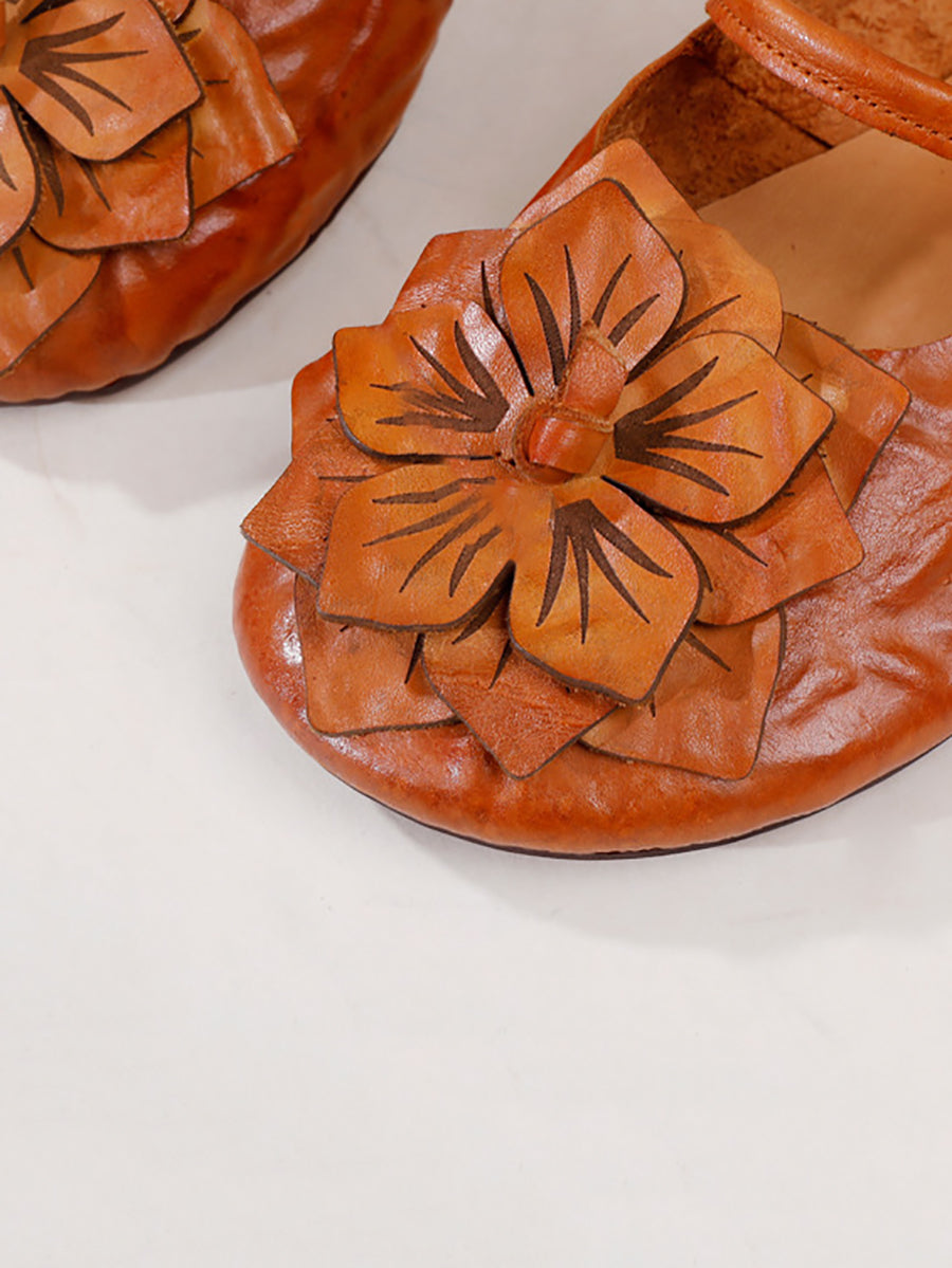 Women Summer Artsy Flower Leather Flat Shoes AA1005