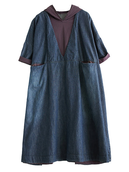 Women Summer Casual Spliced Denim Hooded Dress WE1034