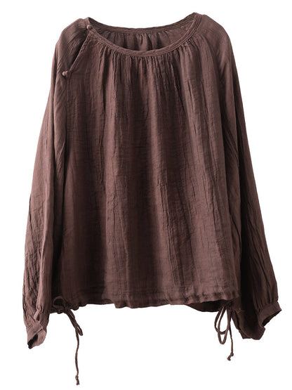 Women Summer Artsy Strap Hem O-Neck Ramie Blouse AS1026