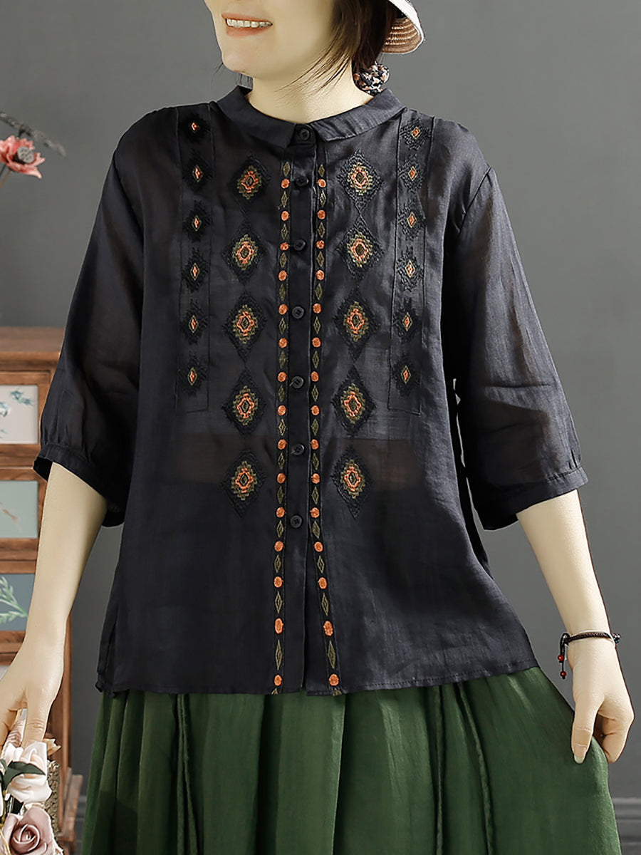 Women Ethnic Rhomboids Embroidery Ramie Button Up Blouse KL1031