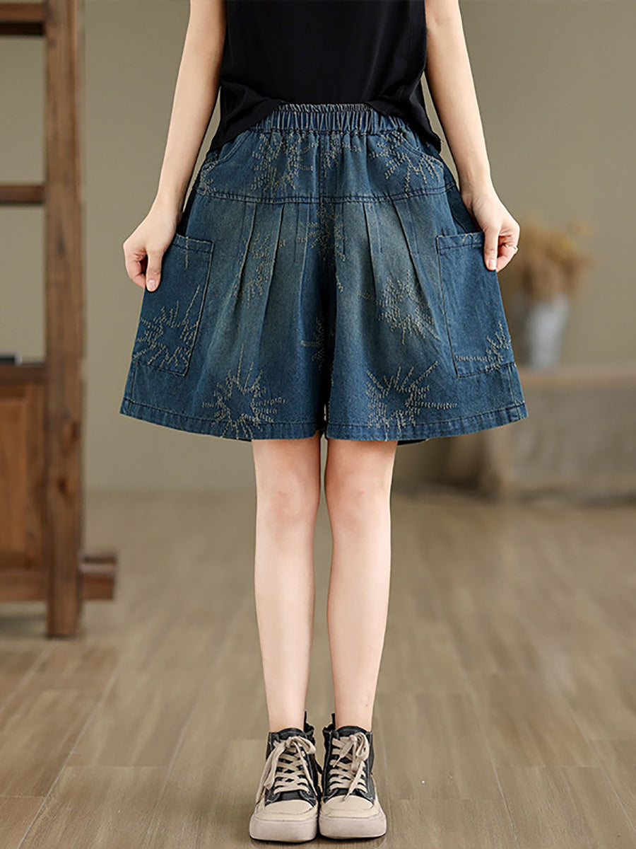 Women Summer Retro Star Jacquard Denim Fifth Pants CC012