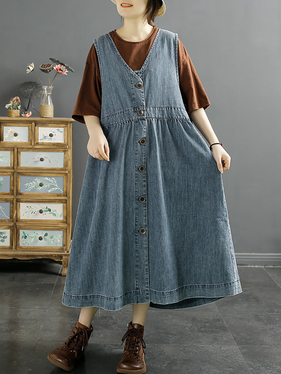 Women Casual Cotton Button-Up Spring Denim Vest Dress SC1044