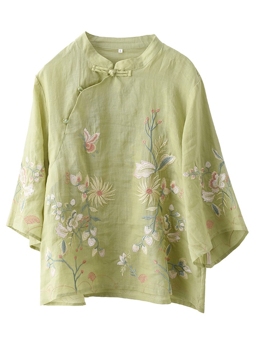 Women Vintage Floral Embroidery Ramie Stand Collar Shirt WE1038