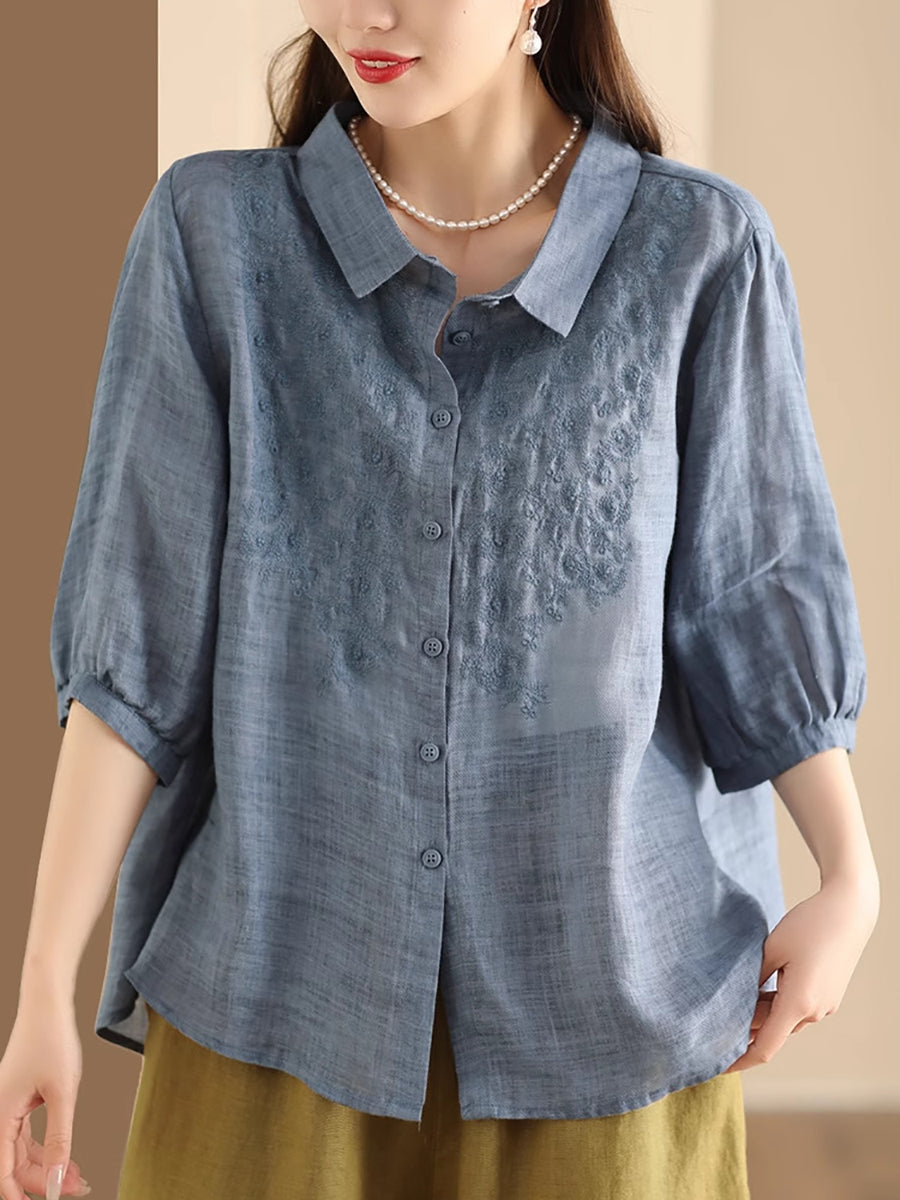 Damen Vintage Stickerei Sommer Ramie Loose Shirt SC1003