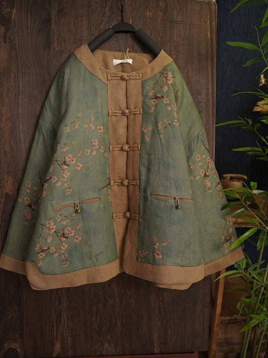 Women Autumn Ethnic Colorblock Flower Linen Short Coat AH1045