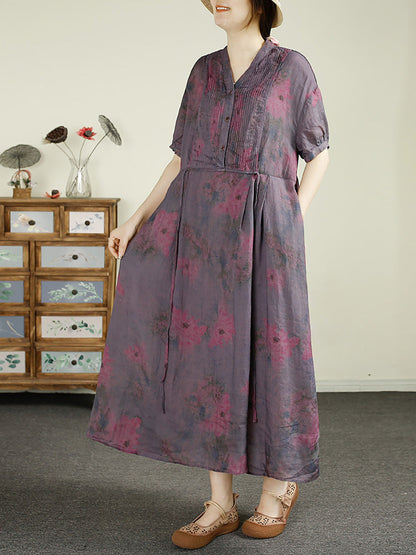 Women Summer Vintage Shirred V-Neck Ramie Loose Dress LL037