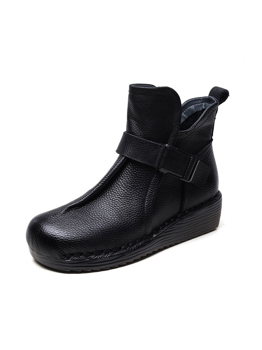 Women Retro Leather Spliced Mid Heel Ankle Boots WG024