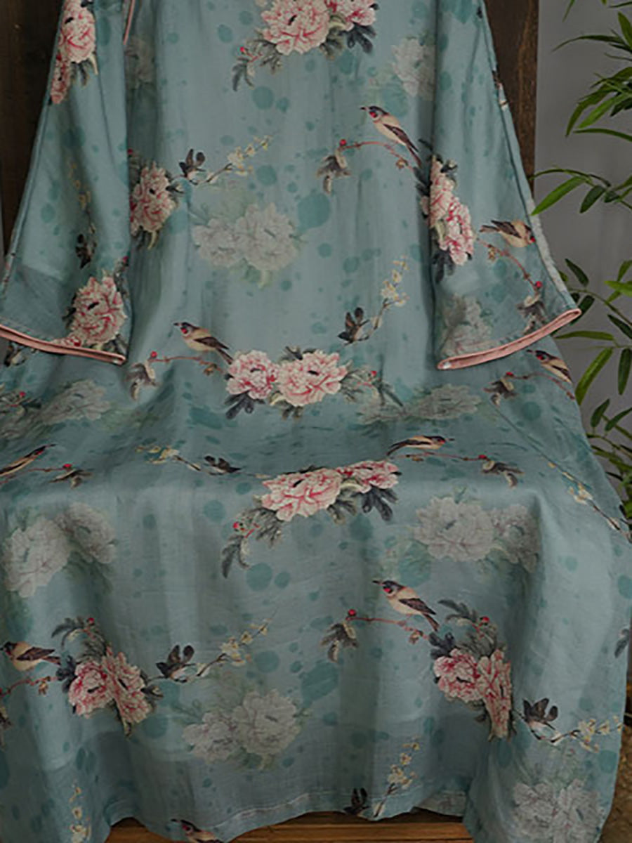 Women Autumn Vintage Flower Ramie Blue  Robe Dress AX1004