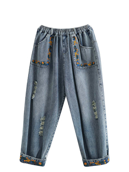 Women Artsy Embroidery Frayed Denim Harem Pants FD006