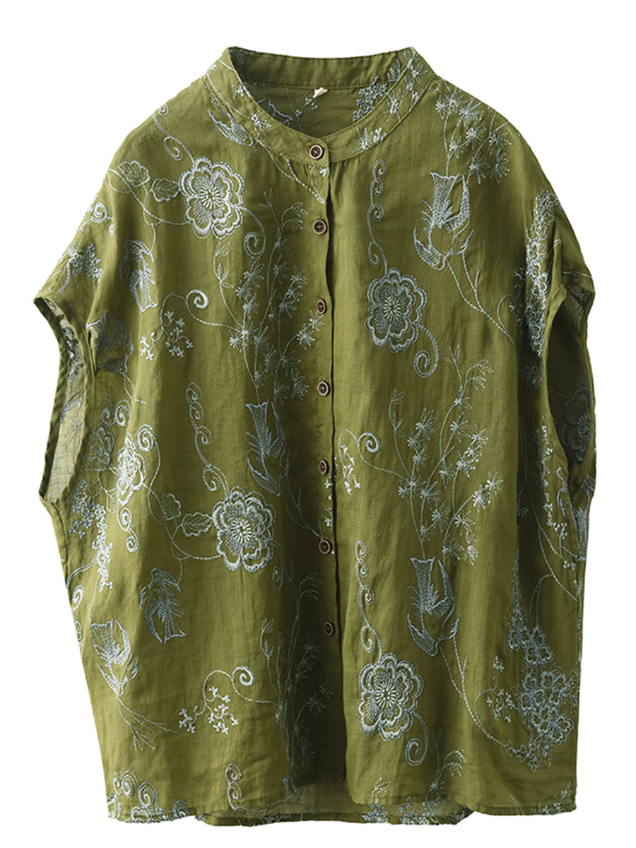 Chemise d'été en ramie à boutons et broderies de fleurs vintage pour femmes OO1048