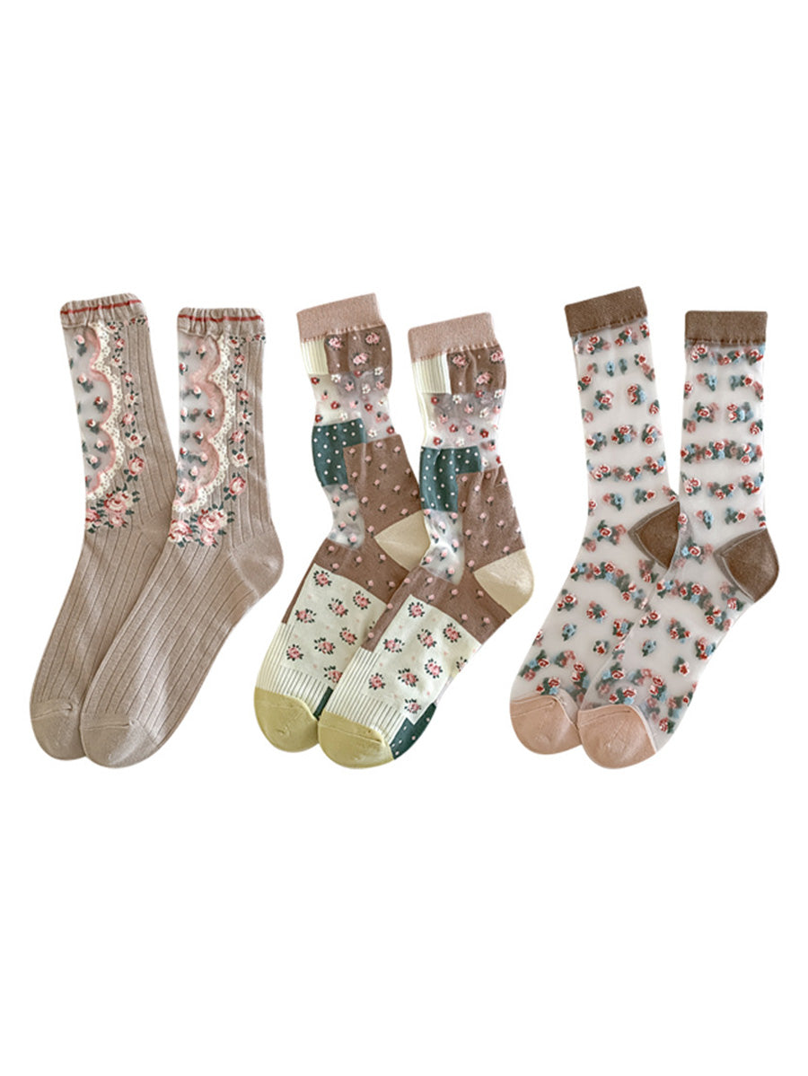 3 Pairs Women Artsy Floral Thin Socks FD037